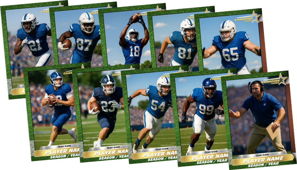 Custom football team trading card set with personalized player designs