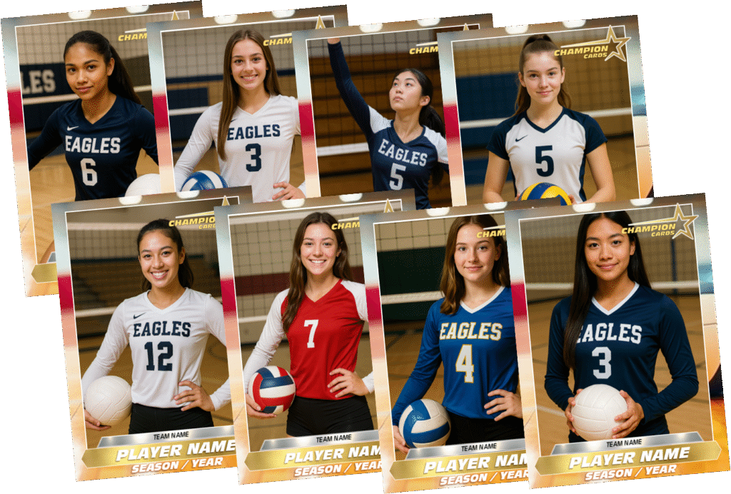 Custom indoor volleyball team trading card set with personalized designs